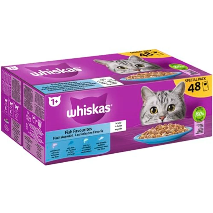 WHISKAS® Multipack Portionsbeutel 1+ Fisch Auswahl, 4 Varietäten Lachs, Thunfisch, Kabeljau, Weißfisch in Gelee, 48 x 85g, hochwertiges Katzen-Nassfutter mit Protein und Vitamin C