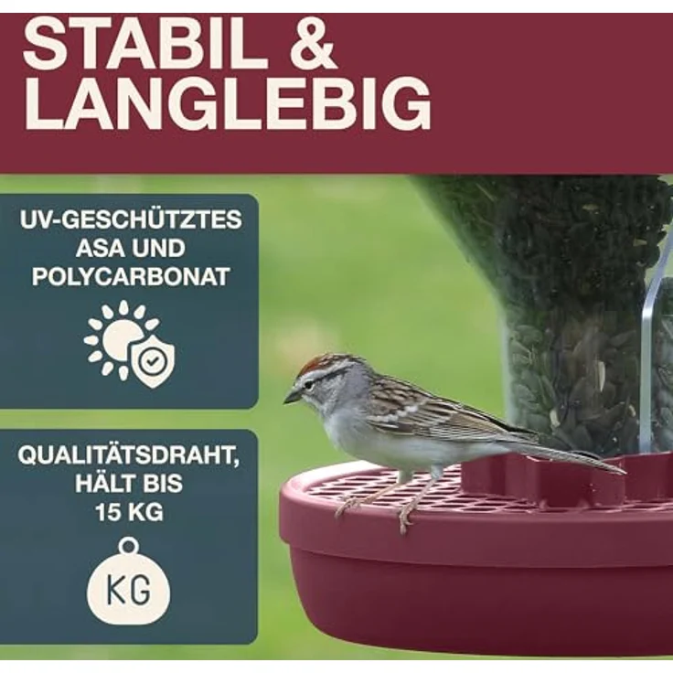 SWISSINNO Davos SMART Birds Vogelfutterhaus, Rattensicher, mit Auffangschale und dualem Kammersystem, burgund – Bild 4