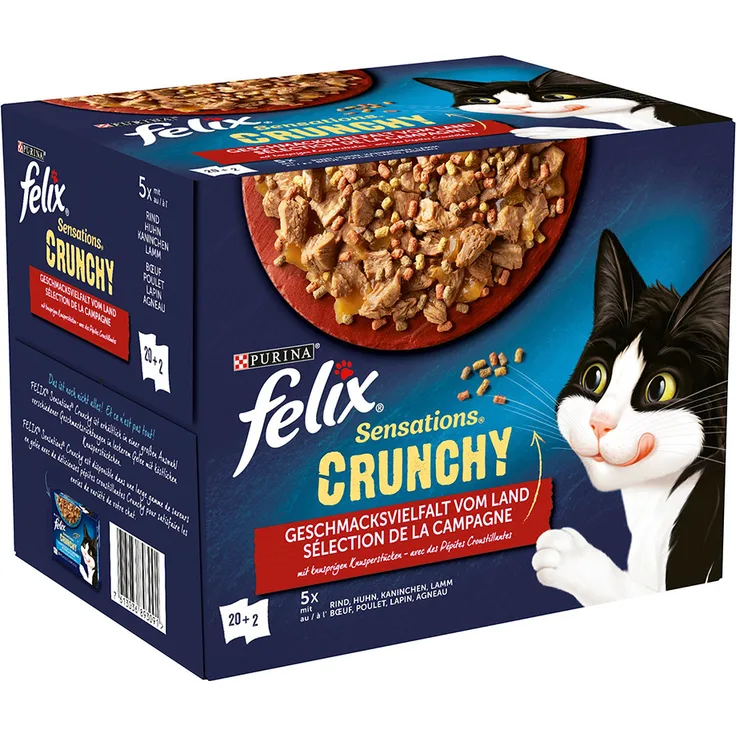 Felix "Sensations Crunchy" Pouches, Katzen-Nassfutter mit Huhn, Rind, Kaninchen, Lamm, 20 x 85 g + 80 g Topping