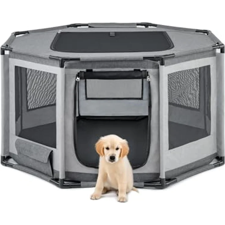 lionto Welpenauslauf, achteckiger Hundekäfig aus Oxford-Gewebe mit PVC-Rahmen, atmungsaktives Netz, Reißverschluss & Seitentasche, 112x112x62 cm, grau – Bild 1