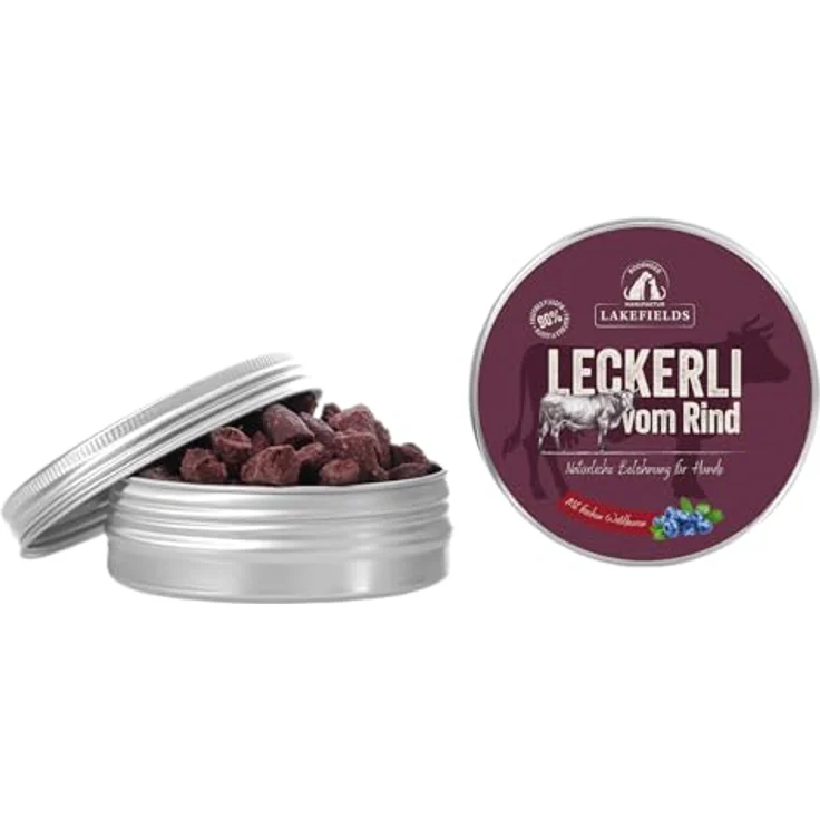 Lakefields Hundeleckerli, Trockenfleischwürfel vom Rind, 90% Rindfleisch, getreidefrei mit Kartoffeln & Waldbeeren, 50g, ohne Zusätze – Bild 1