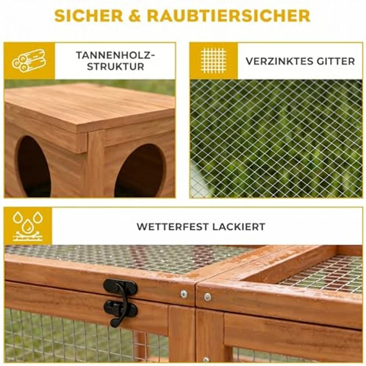 PawHut Kleintierstall Kaninchenstall für 2-4 Zwergkaninchen, Holz mit 2 Türen, Unterschlupfhaus, 180,4x150x48 cm, Orange – Bild 5