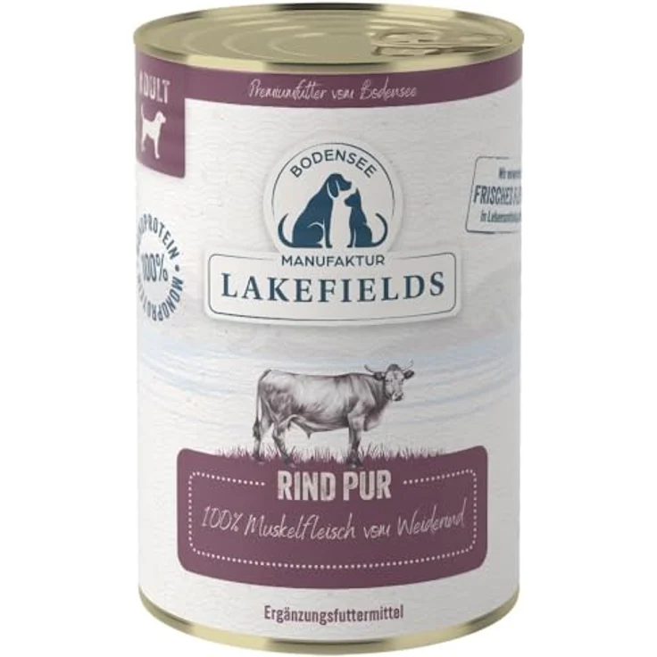 Lakefields MANUFAKTUR Ergänzungsfutter Rind PUR, 100% natürliches Hunde-Nassfutter, hypoallergen, getreidefrei, 12 x 400 g