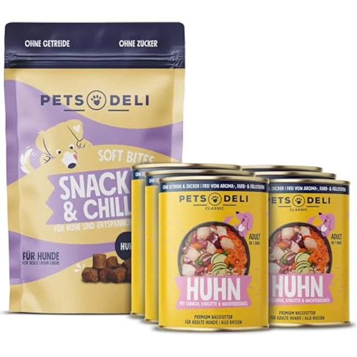 Pets Deli Bundle für Hunde Nassfutter Huhn mit Karotte, Quinoa und Zucchini, 2700g & Snack & Chill Snacks mit Melisse, Baldrian und Lavendel