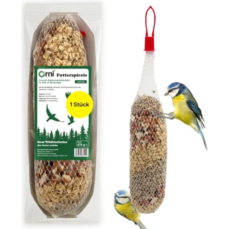 Orni Futterspirale für Wildvögel 470g | Premium Ganzjahres Vogelfutter mit Erdnüssen, Sonnenblumenkernen und Haferflocken | Aufhängbar für Meisen, Finken und Sperlinge – Bild 1