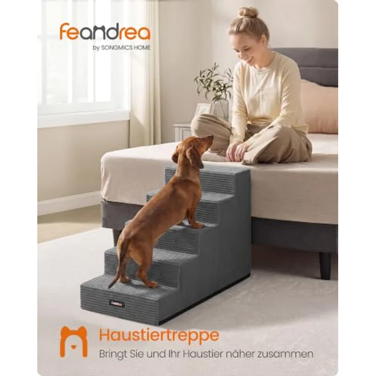 Feandrea Hundetreppe Baddi Kollektion PPS025GN01, 5-stufige Katzentreppe aus Schaumstoff, 76 x 40 x 57 cm, bleigrau, waschbar und rutschfest für kleine Hunde – Bild 2
