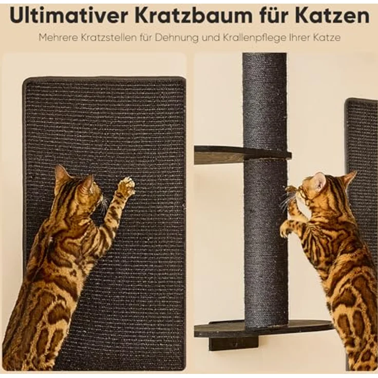 FUKUMARU Kletterwand Katzen-Set, 4 in 1 mit Hängematte, Kratzbaum, Wandregalen und Sisalmatte – Platzsparendes Wandmöbel für Katzen (Schwarz) – Bild 5