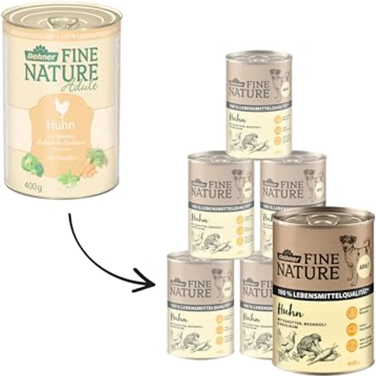 Dehner Fine Nature Hundefutter, Nassfutter in Lebensmittelqualität, für ausgewachsene Hunde, Huhn mit Gemüse, 6 x 400 g Dose (2.4 kg) – Bild 3