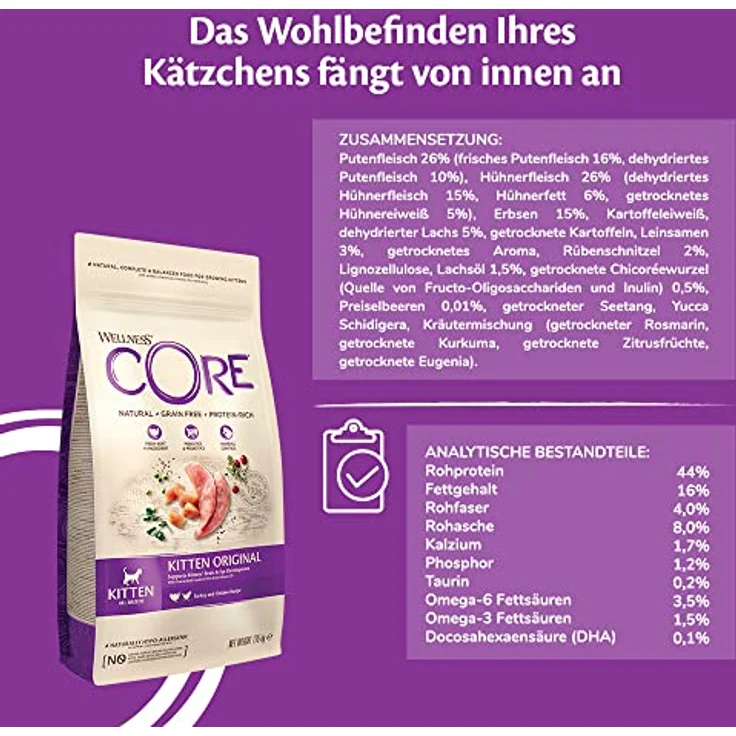 Wellness CORE Kitten Original, Trockenfutter für Kätzchen mit Huhn & Pute, 1,75 kg, getreidefrei, hoher Fleischanteil, fördert Gehirn- & Augenentwicklung, ohne Zuckerzusatz – Bild 3