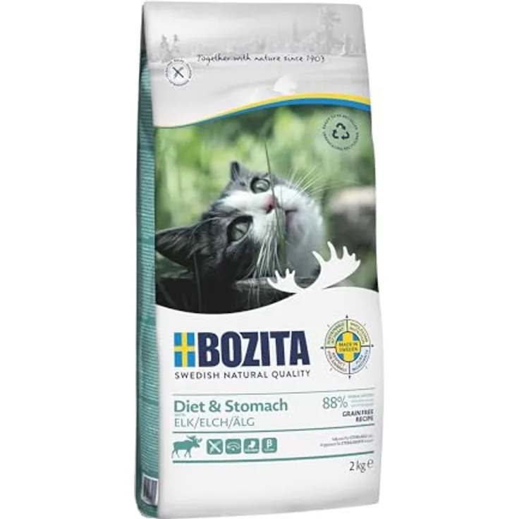 Bozita Diet & Stomach Katzentrockenfutter mit Elch, getreidefreies Trockenfutter für sensible Katzen, 2 kg, 34 % Protein, 10 % Fett, natürlich und ohne Gentechnik