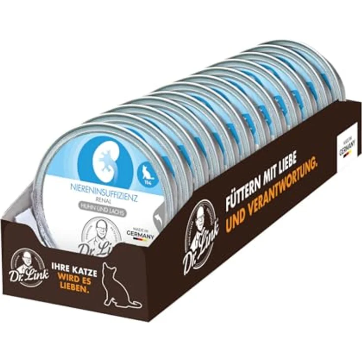Dr. Link VET PETCARE Spezial-Diät Katzenfutter für Nieren, Huhn & Lachs, 12x85g Schalen, mit Omega-3 Fettsäuren, hohe Verträglichkeit, Premium-Qualität – Bild 1
