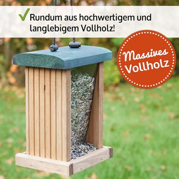 zooprinz Vogelhaus Futterspender, Design aus Vollholz, witterungsbeständig, mit stabilem Sitzrand, 21 cm hoch, inkl. Aufhängeseil – Bild 3