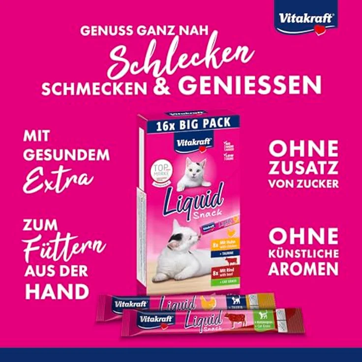 Vitakraft Liquid Snack Multipack mit Huhn und Rind, 16x15 g, cremige Schlecksnacks mit Omega-3 und Biotin für gesunde Haut und Fell – Bild 2