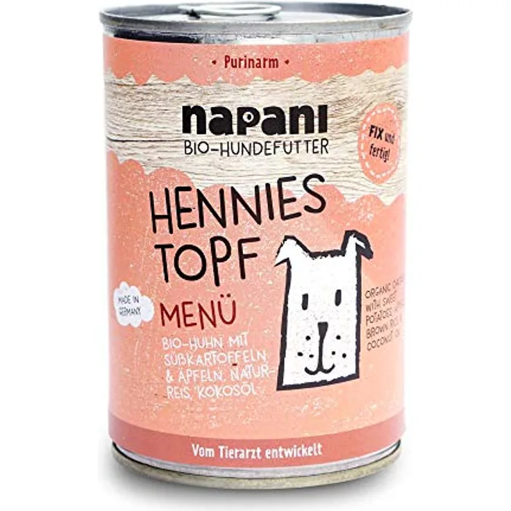 napani Hennies Topf Bio Nassfutter für Hunde, mit Huhn, Naturreis & Süßkartoffeln, purinarm, 1 x 400g