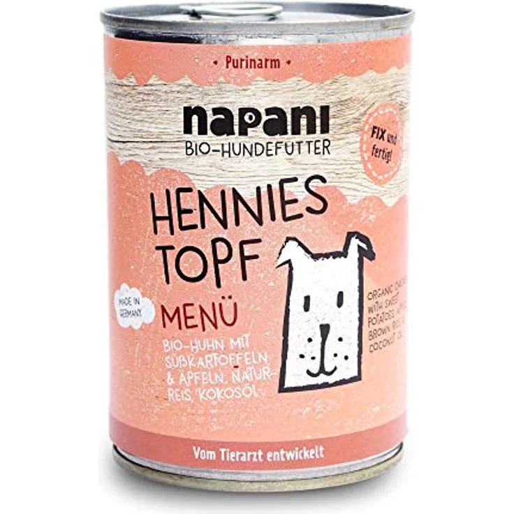 napani Hennies Topf Bio Nassfutter für Hunde, mit Huhn, Naturreis & Süßkartoffeln, purinarm, 1 x 400g – Bild 1