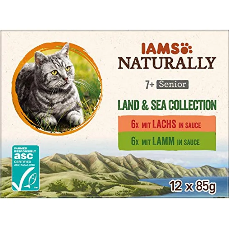 IAMS Naturally Senior Katzenfutter Nass in Sauce, 12 x 85 g, mit Lachs und Lamm für ältere Katzen, Land & Sea Collection, ohne künstliche Zusätze
