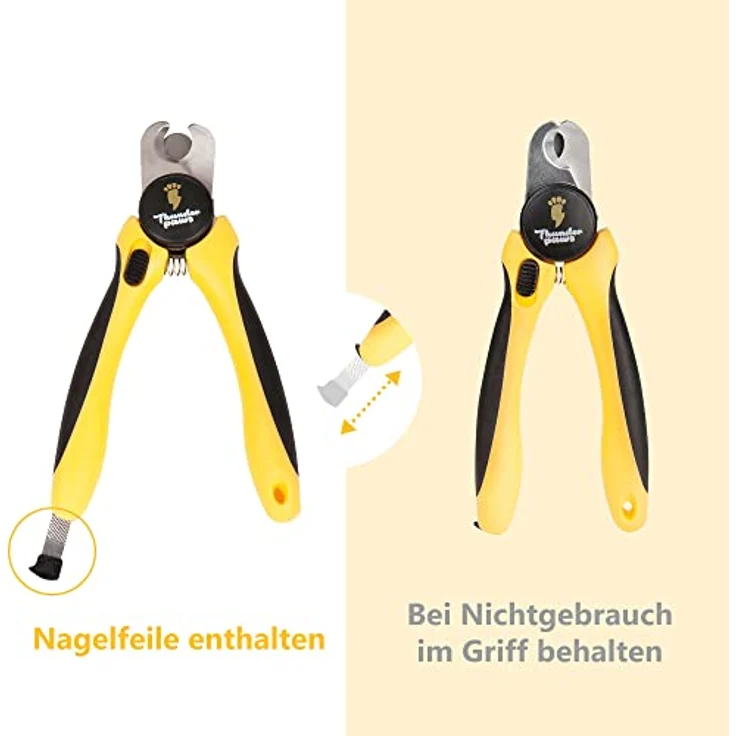 Thunderpaws Professionelle Krallenschere für Hunde, Edelstahlklingen, ergonomische Gummigriffe, Sicherheitsschloss, Nagelfeile, Mittel bis Groß, Gelb – Bild 3