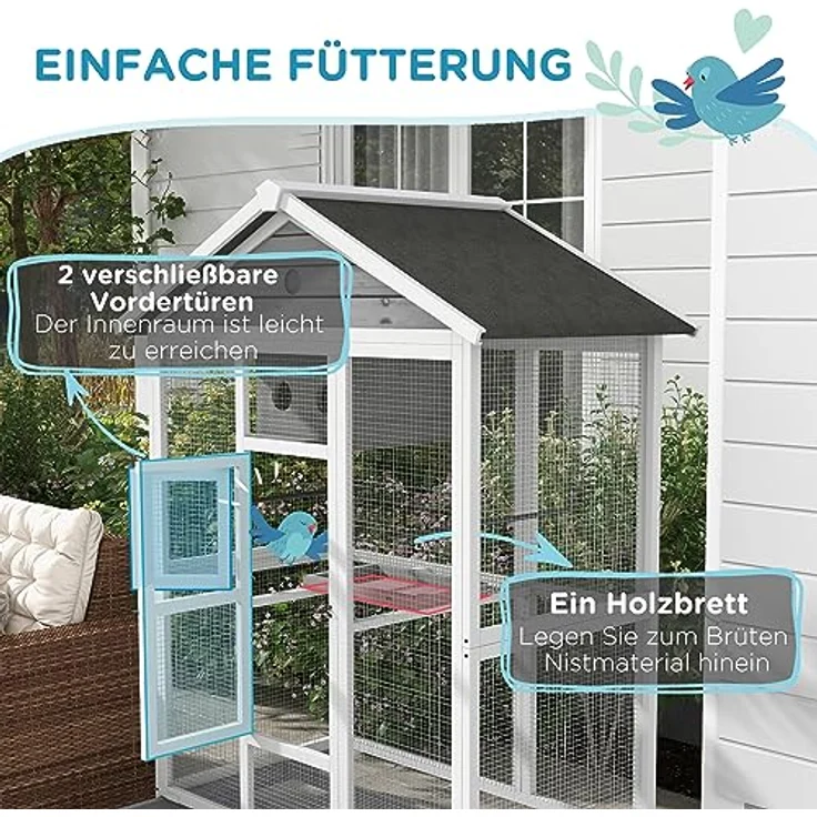 PawHut Vogelvoliere aus Holz, großer Wellensittichkäfig mit 4 Sitzstangen, ausziehbarer Bodenwanne, wasserabweisendem Dach, 112 x 68 x 154 cm, Tanne – Bild 3