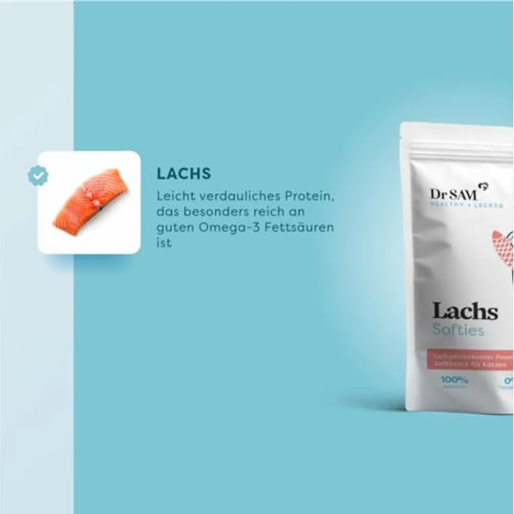 Dr. SAM Premium Snacks für Katzen - Lachs Softies, 100g - gesunde Leckerlis mit Omega-3-Fettsäuren für glänzendes Fell und gute Verdauung, glutenfrei, 100% natürliche Inhaltsstoffe, ohne Chemie und Zusätze, hergestellt in Deutschland – Bild 3