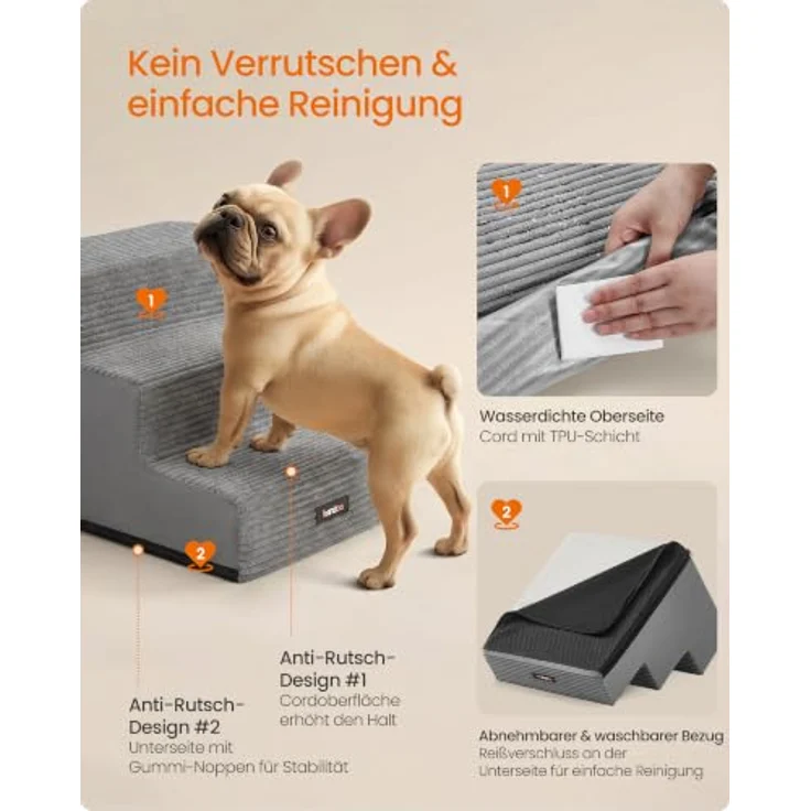 Feandrea Hundetreppe Baddi Kollektion PPS023GD01, 3-stufige Katzentreppe aus hochdichtem Schaumstoff, graue Waschbare Hunderampe für kleine Hunde, 46 x 40 x 33 cm, rutschfest und wasserdicht – Bild 5