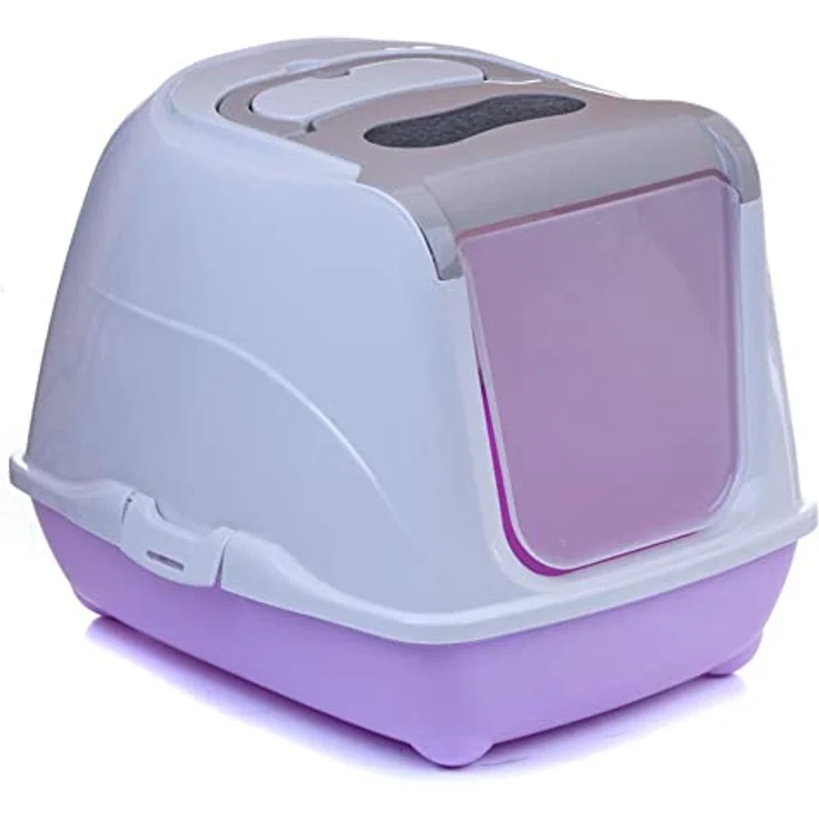 adena Katzentoilette Sondermodell 50, Hochwertiges Katzenklo mit Schaufel und Anti-Rutsch-Näpfen, graubeige und helllila – Bild 2