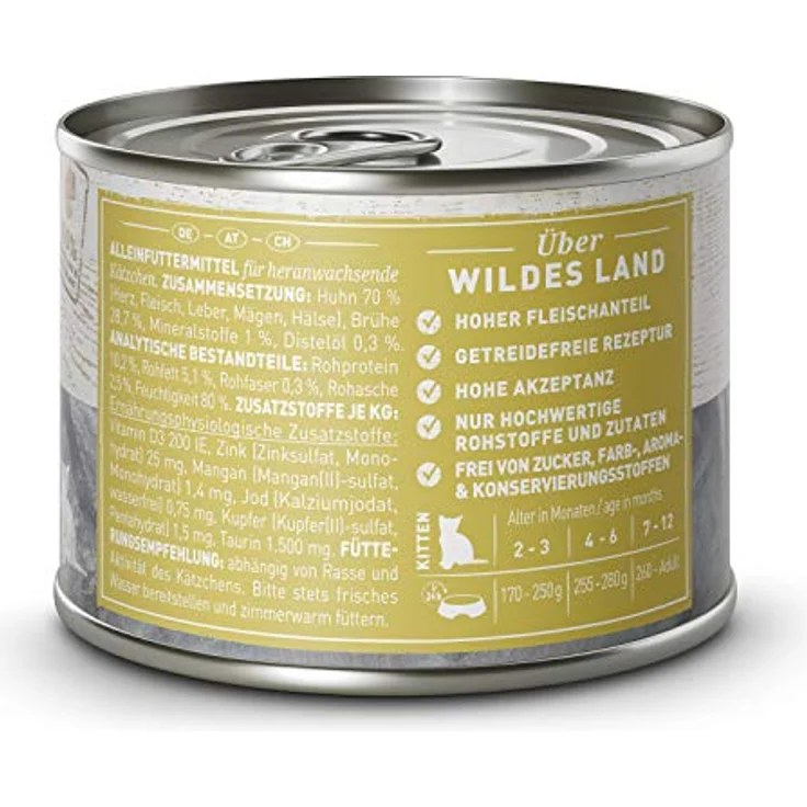 Wildes Land Kitten Huhn PUR, Nassfutter für Katzen, 70% Fleisch, getreidefrei, 6 x 200 g – Bild 3