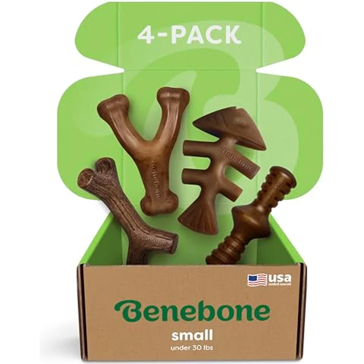 Benebone S 4er-Pack Hundespielzeug für aggressive Kauer, inkl. Speck-Werlenker, Ahornstab, Speck-Zaggler und Jack-Lachs-Fischgrätenmuster, für Hunde bis 30 lbs – Bild 1