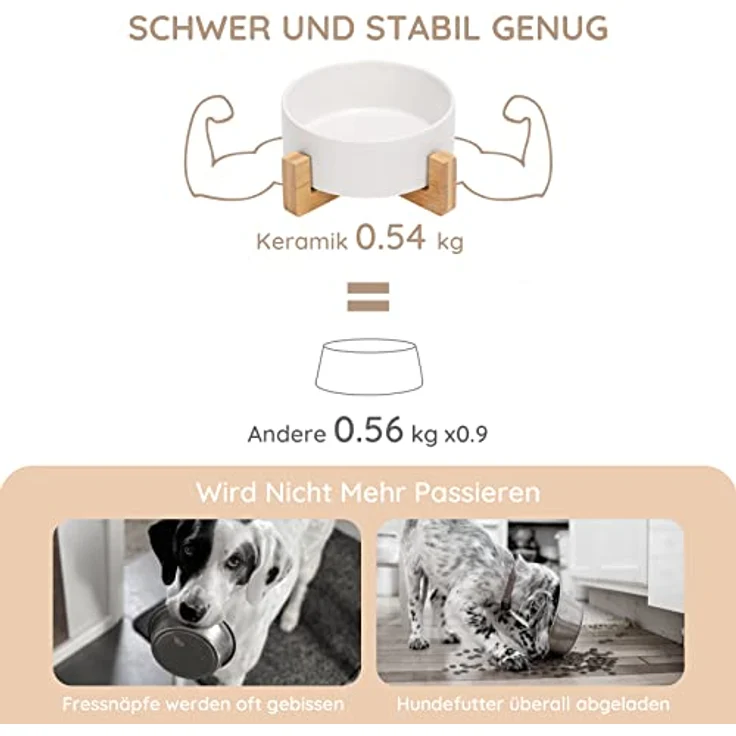 SPUNKYJUNKY Keramik Futternapf mit Bambus Ständer, 400ml für Katzen und kleine Hunde, sicherheitsgeprüft und langlebig, Weiß-Einzel – Bild 3