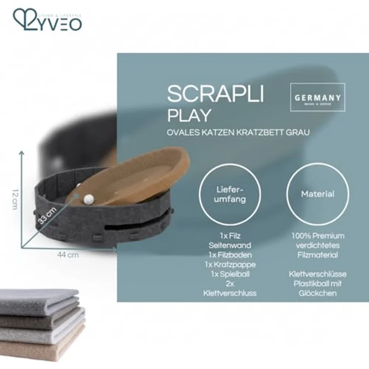 Lyveo Katzenbett mit Kratzbrett & Spielball, 3-in-1 Katzenzubehör für kleine bis mittelgroße Katzen, grau, 43×34×11 cm – Bild 2