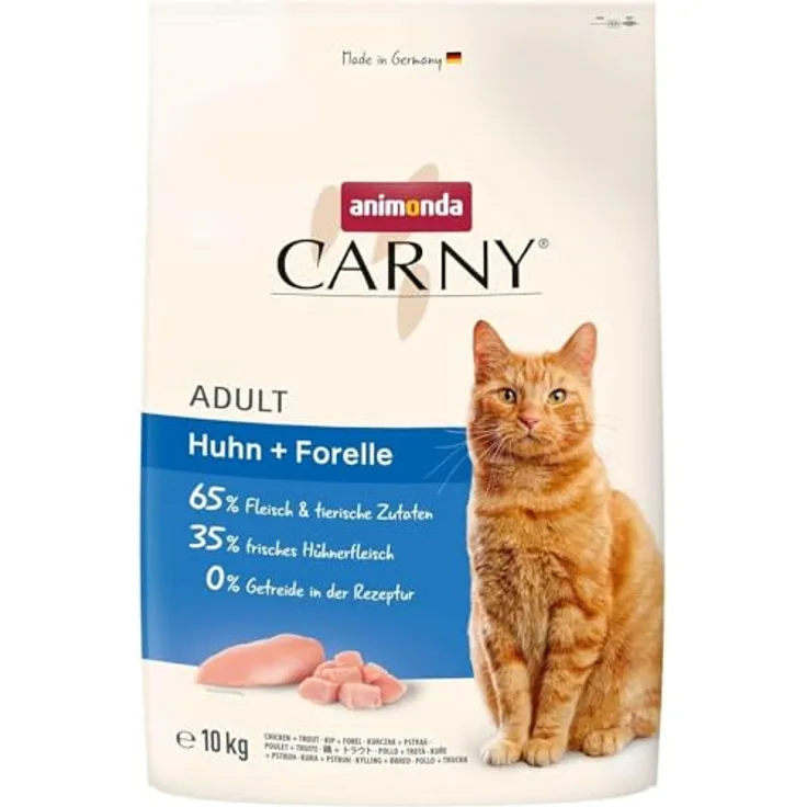 Animonda Carny Trockenfutter Katze Adult, Huhn und Forelle, 10 kg, knusprig, ohne Getreide, leicht verdaulich, ohne Zucker, für sensible Katzen