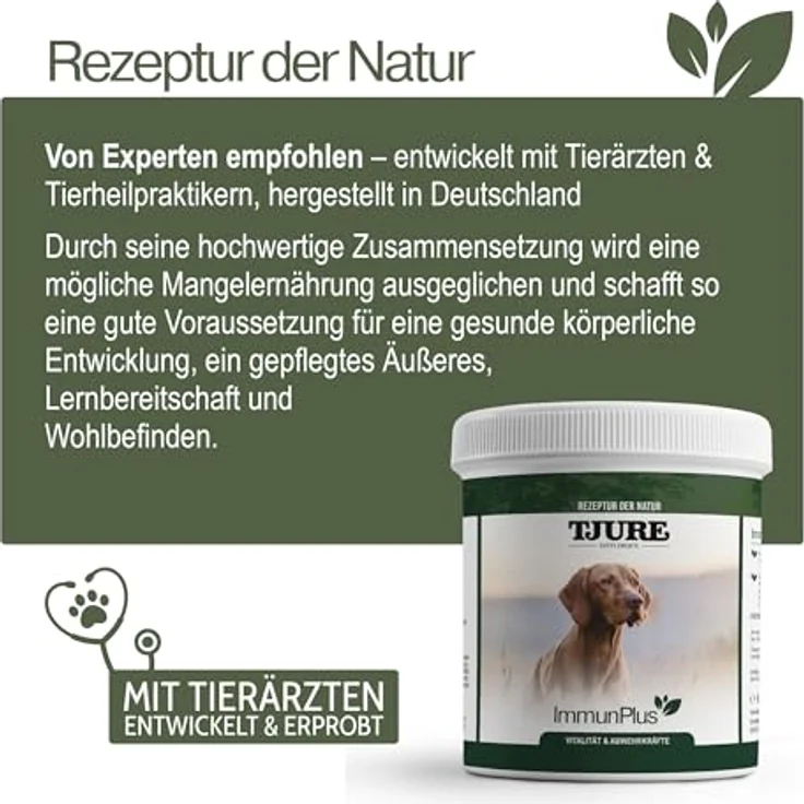 TJURE Immun Plus 500 g, Ergänzungsfuttermittel mit Vitaminen, Mineralstoffen, Kräutern & Bierhefe zur Unterstützung des allgemeinen Wohlbefindens, BARF-geeignet, Made in Germany – Bild 4