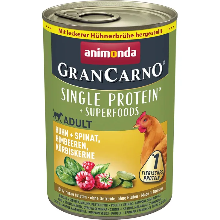 animonda GranCarno Superfoods Adult Huhn + Spinat, Himbeere, Hunde-Nassfutter, 6x400g, Hergestellt in Deutschland