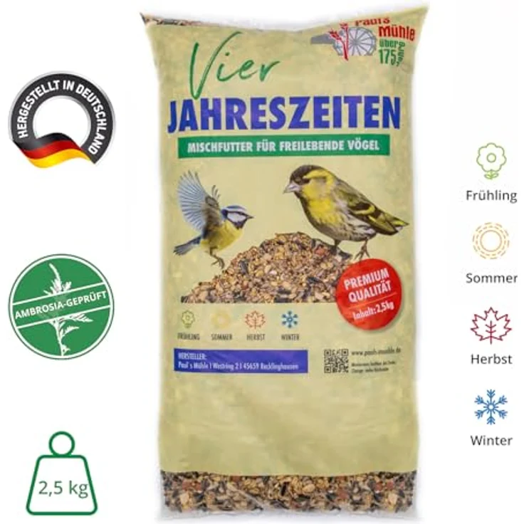 Paul´s Mühle Wildvogelfutter 4-Jahreszeiten, Ganzjahresfutter für Wildvögel, 2,5 kg, hochwertiges Futter für Meisen, Amseln und Drosseln – Bild 4