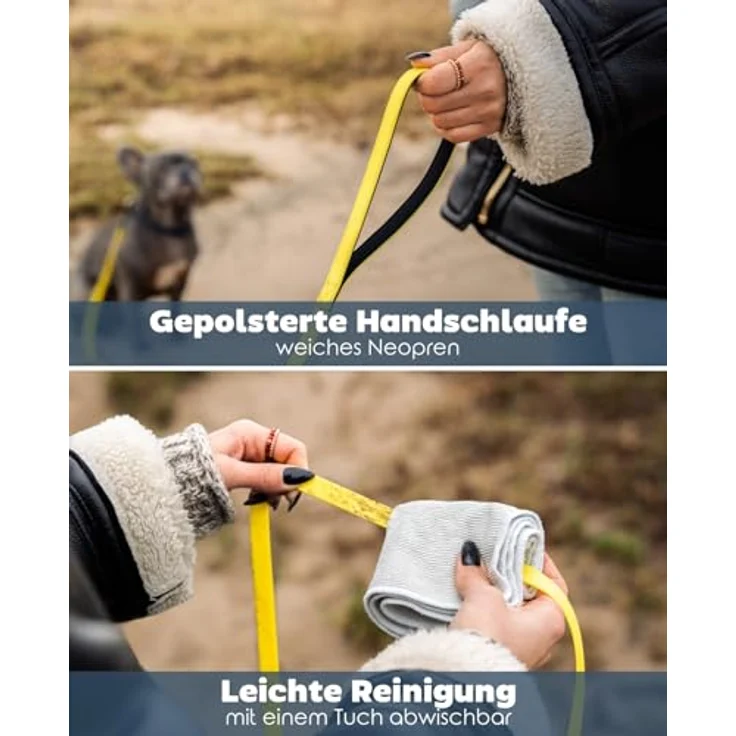 lionto wetterfeste Schleppleine, 5 m mit 360° Sicherheitskarabiner, gepolsterter Handschlaufe und Tasche, Nylongewebe mit PVC Beschichtung, gelb – Bild 4
