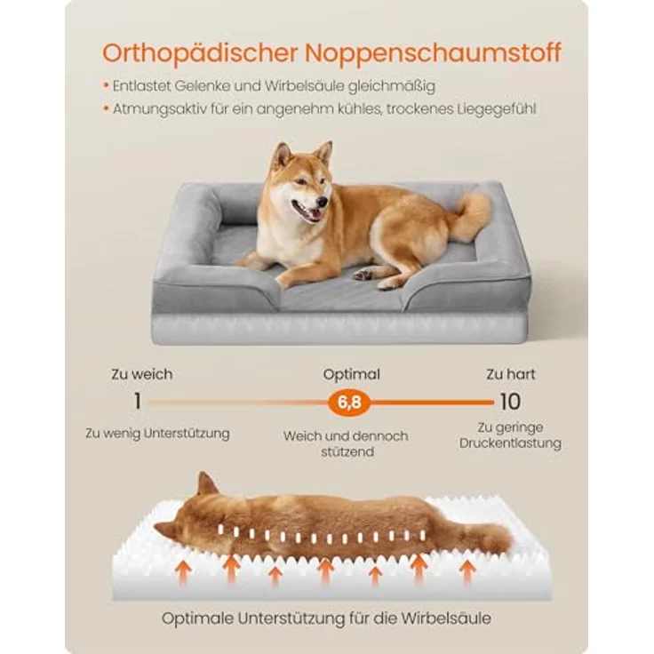 Feandrea Orthopädisches Hundebett PGW322GD01, Hundekissen L mit erhöhter Randpolsterung, Noppenschaumstoff, abnehmbarer Bezug, waschbar, rutschfest, wasserabweisend, Taubengrau, 89 x 63 x 16 cm – Bild 3