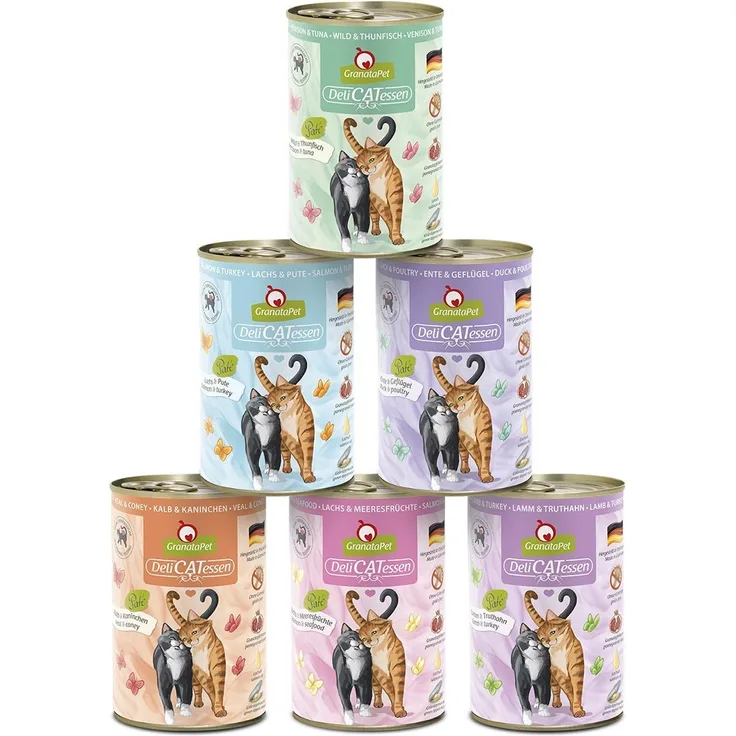 GranataPet DeliCatessen Katzen-Nassfutter, Multipack 6x400g, hoher Fleischanteil, ohne Getreide, mit Granatapfelkernen und Taurin
