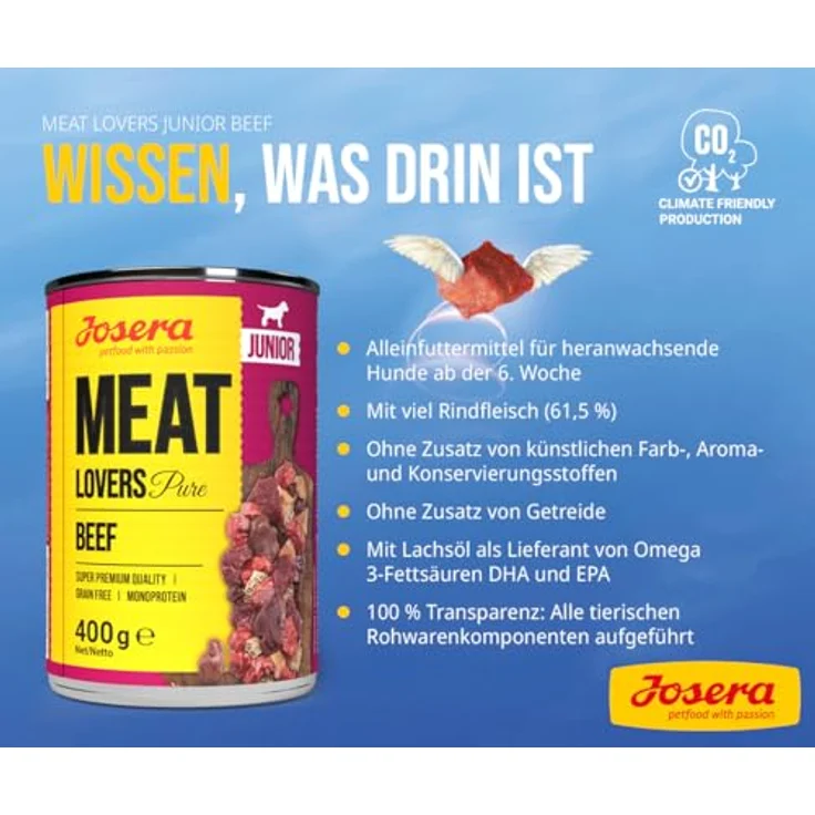 Josera Meat Lovers Junior Pure Beef, Premium Nassfutter für Welpen & Junghunde, 61,5 % Rindfleisch, getreidefrei, 6er Pack à 400 g – Bild 3