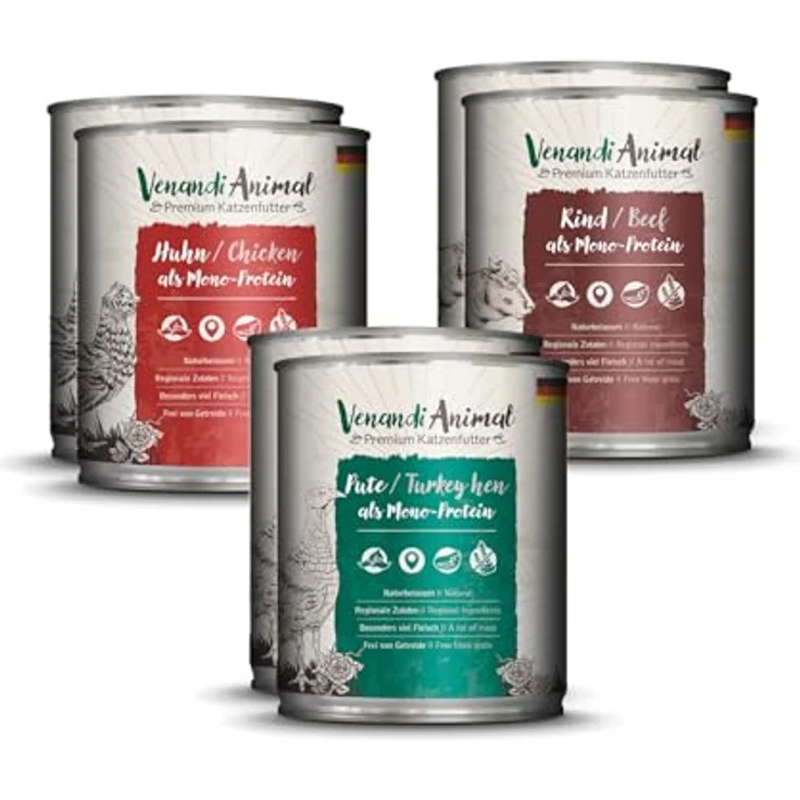 Venandi Animal Premium Nassfutter für Katzen, Probierpaket I, Huhn, Pute, Rind, 6 x 800 g, getreidefrei und naturbelassen – Bild 1