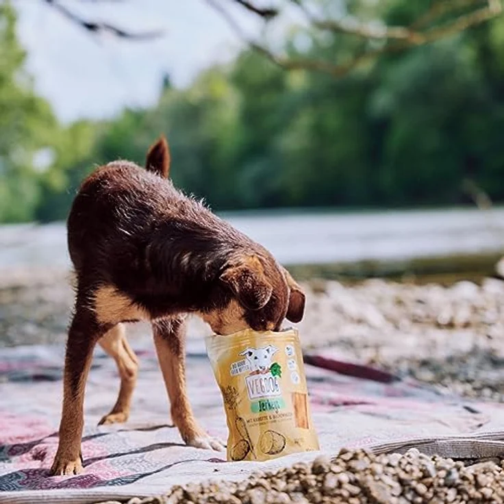 VEGDOG Jerkeys hypoallergener Hundesnack, 100% vegan mit Buchenholz Rauch, 9 x 80 g, glutenfrei, für Allergiker mit Karotte und Gemüse – Bild 5