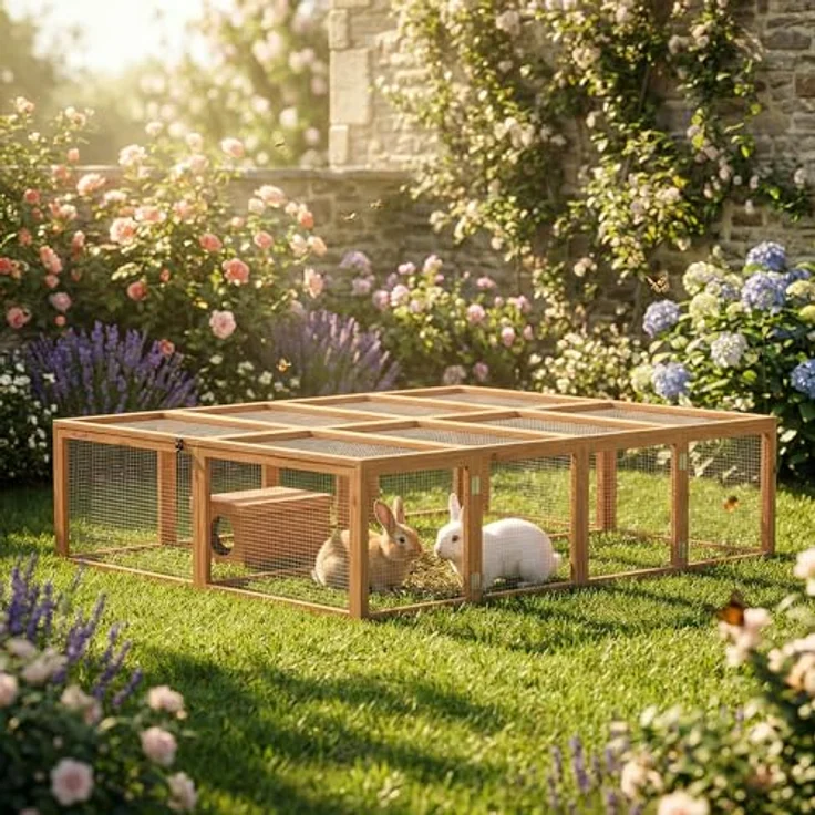 PawHut Kleintierstall Kaninchenstall für 2-4 Zwergkaninchen, Holz mit 2 Türen, Unterschlupfhaus, 180,4x150x48 cm, Orange – Bild 6