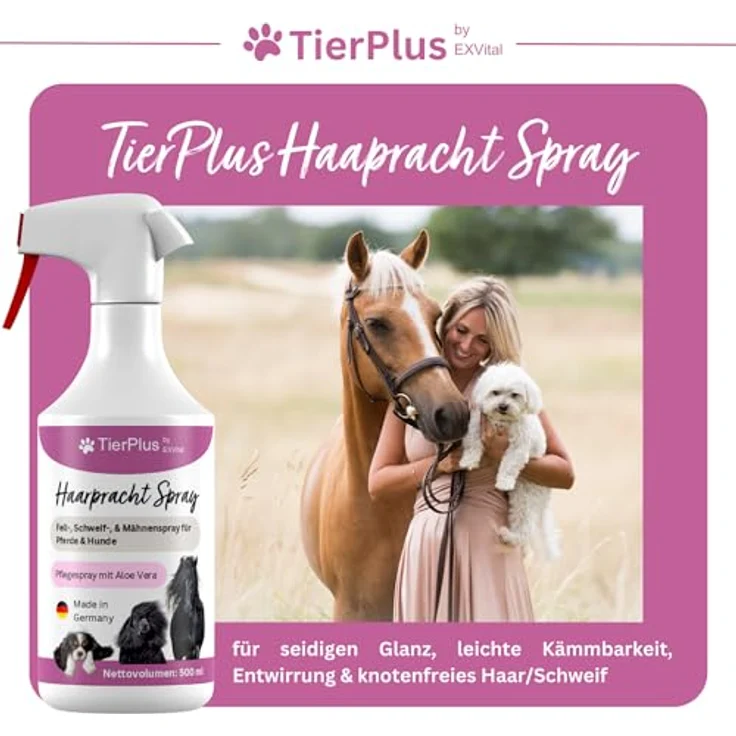 TierPlus Haarpracht Spray für Pferde & Hunde, 500 ml – Fell-, Schweif- & Mähnenspray für seidigen Glanz, leichte Kämmbarkeit & entwirrende Pflege mit Aloe Vera – Bild 2