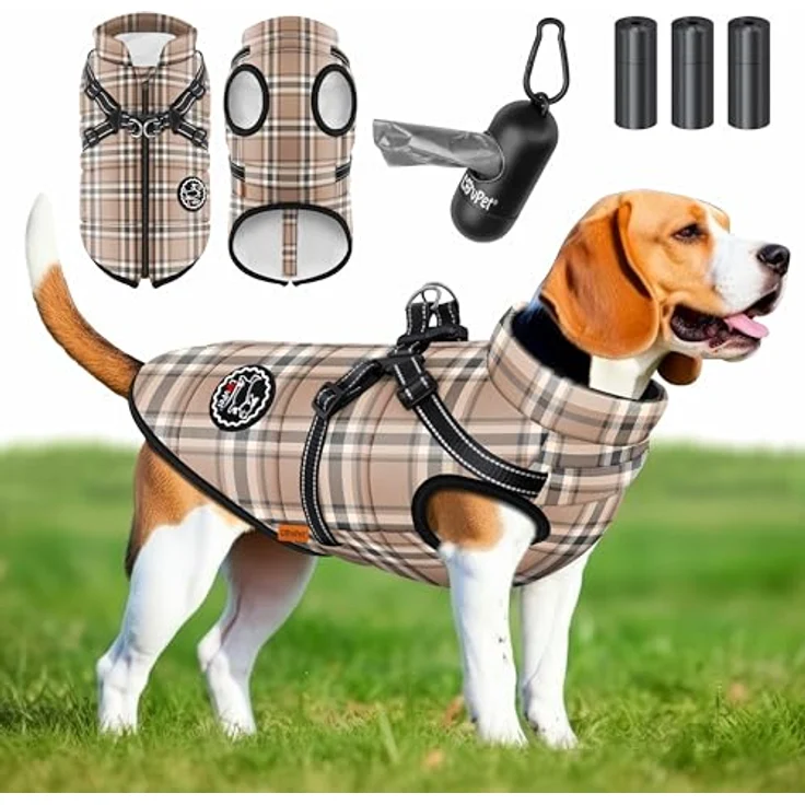 Lovpet LOVPET® Hundejacke mit Geschirr, gefütterte wasserdichte Winterweste, inkl. 45 Kotbeutel + Spender, gepolstert, mit Brustgurt, Reflektoren, D-Ring, 5XL, beige – Bild 1
