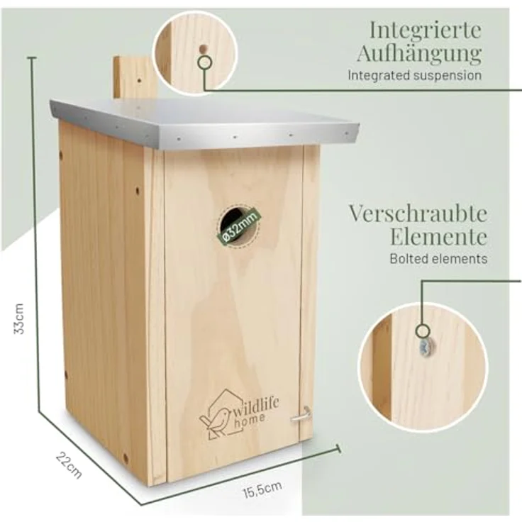 wildlife home WILDLIFE HOME Nistkasten für Kohlmeisen, Massivholz mit Metalldach, wetterfest und unbehandelt, 22 x 15,5 x 33 cm – Bild 5