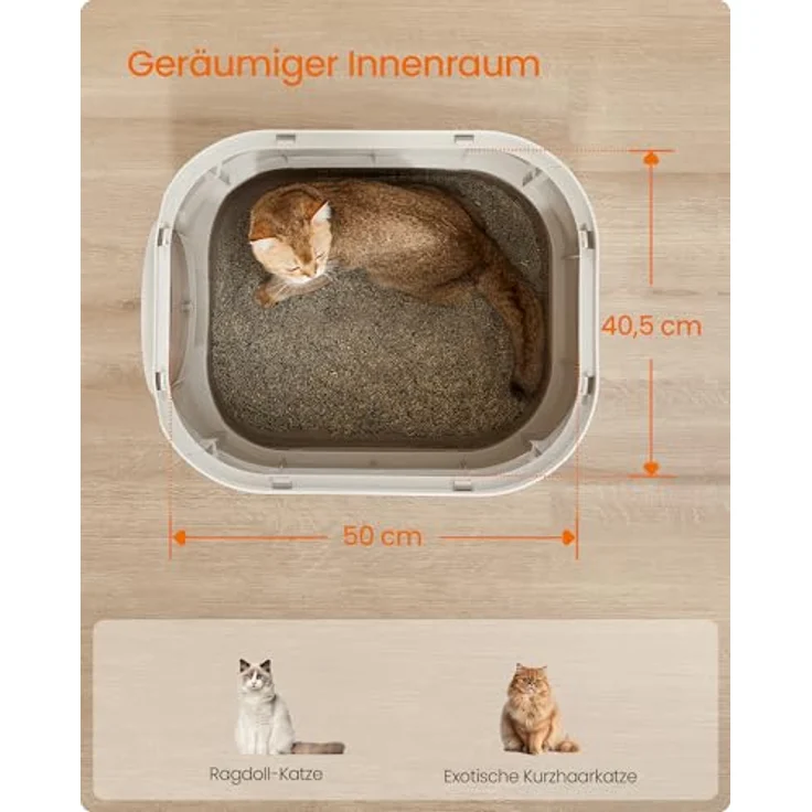 Feandrea Katzenklo XXL, Katzentoilette mit Deckel und ausziehbarem Tablett, haferflockenfarben-warmgrau, für verschiedene Katzengrößen, weniger Schmutz, inklusive Schaufel und Bürste – Bild 4