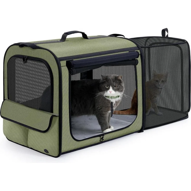 LuxusKollektion Transportbox für Tiere, erweiterbare Katzentasche in dunkelgrün, 61 x 52 x 45 cm, leicht und multifunktional