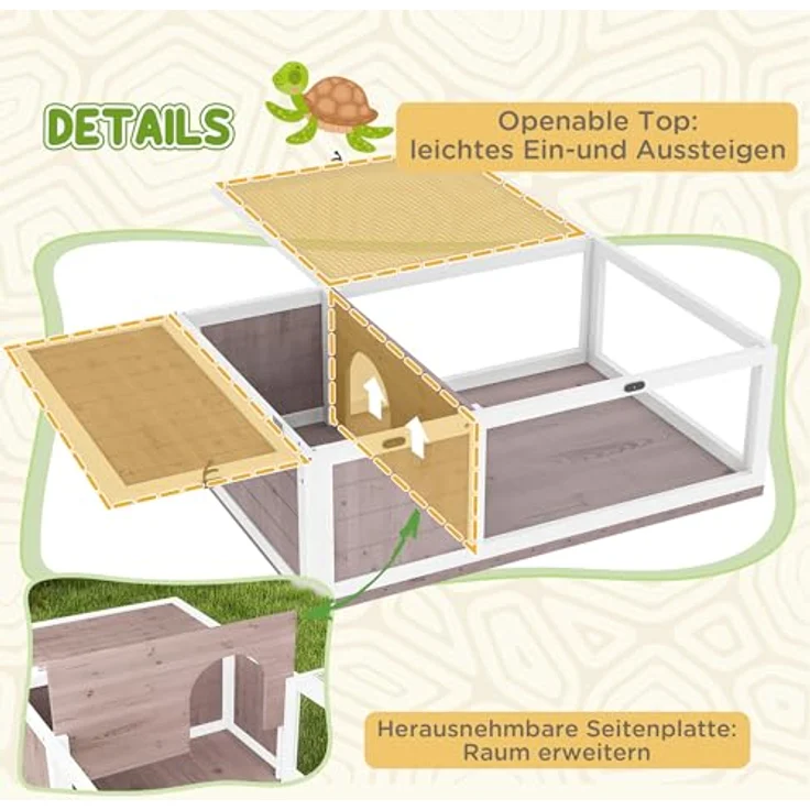 PawHut Kleintierstall Schildkrötengehege, 91x60,5x32 cm, mit aufklappbarem Dach und zwei Zonen für Schildkröten und Eidechsen, Braun – Bild 4
