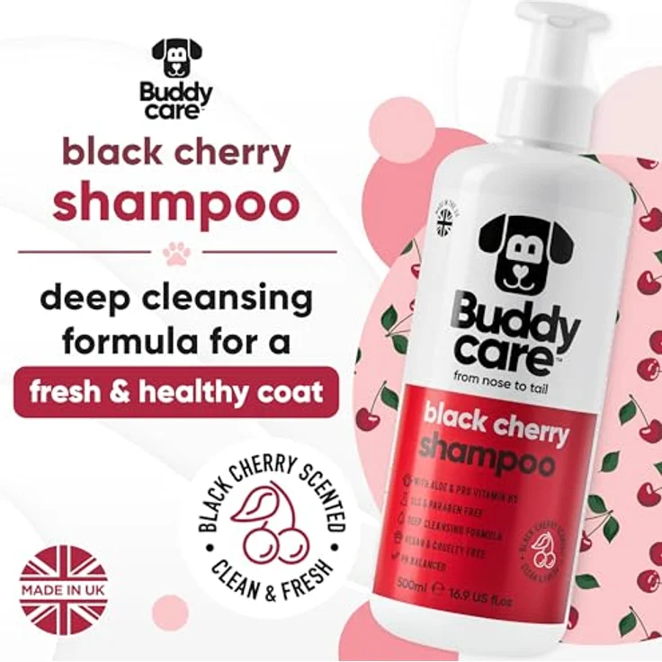 Buddycare Schwarzkirsch-Hundeshampoo, Tiefenreinigendes Shampoo mit Aloe Vera und Pro-Vitamin B5, fruchtiger Duft, 500ml – Bild 2