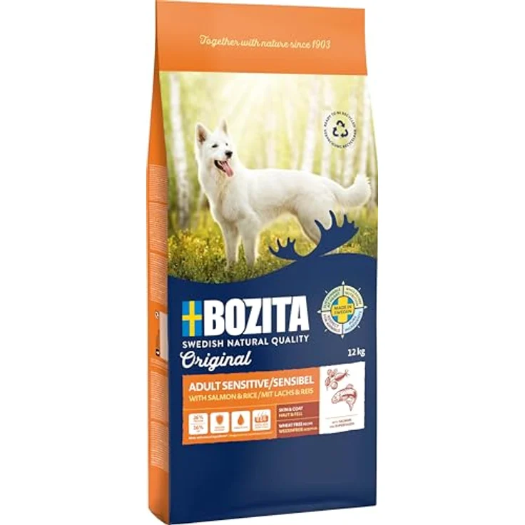 Bozita Hundefutter Original Adult Sensitive Skin & Coat Lachs, 12 kg weizenfreies Trockenfutter für Hunde mit empfindlicher Haut und Fell, natürliche Zutaten – Bild 1