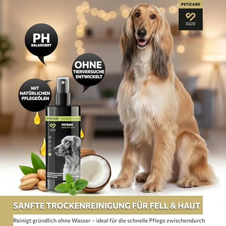 Peticare® Hunde Trockenshampoo, 200 ml – Natürliches Hundeshampoo gegen Geruch & Schmutz, ohne Wasser, mit Argan- & Kokosöl für alle Fellarten, sanfte Pflege für Hunde & Welpen – Bild 2