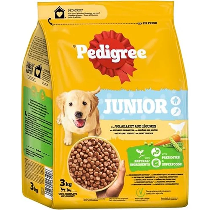 Pedigree Junior Trockenfutter mit Geflügel und Gemüse, 3 kg für Welpen, kalziumreich zur Zahnpflege – Bild 1